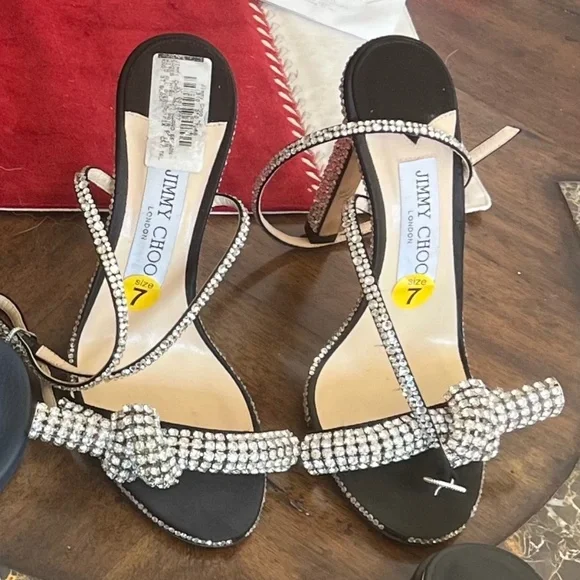 JIMMY CHOO THYRA 100 Crystal-Embellished Heels Sandals Black Size